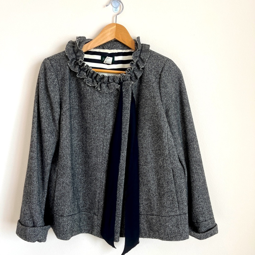 Vintage J.Crew 100% Wool Silk Lined Jacket Gray Herringbone Sz 12